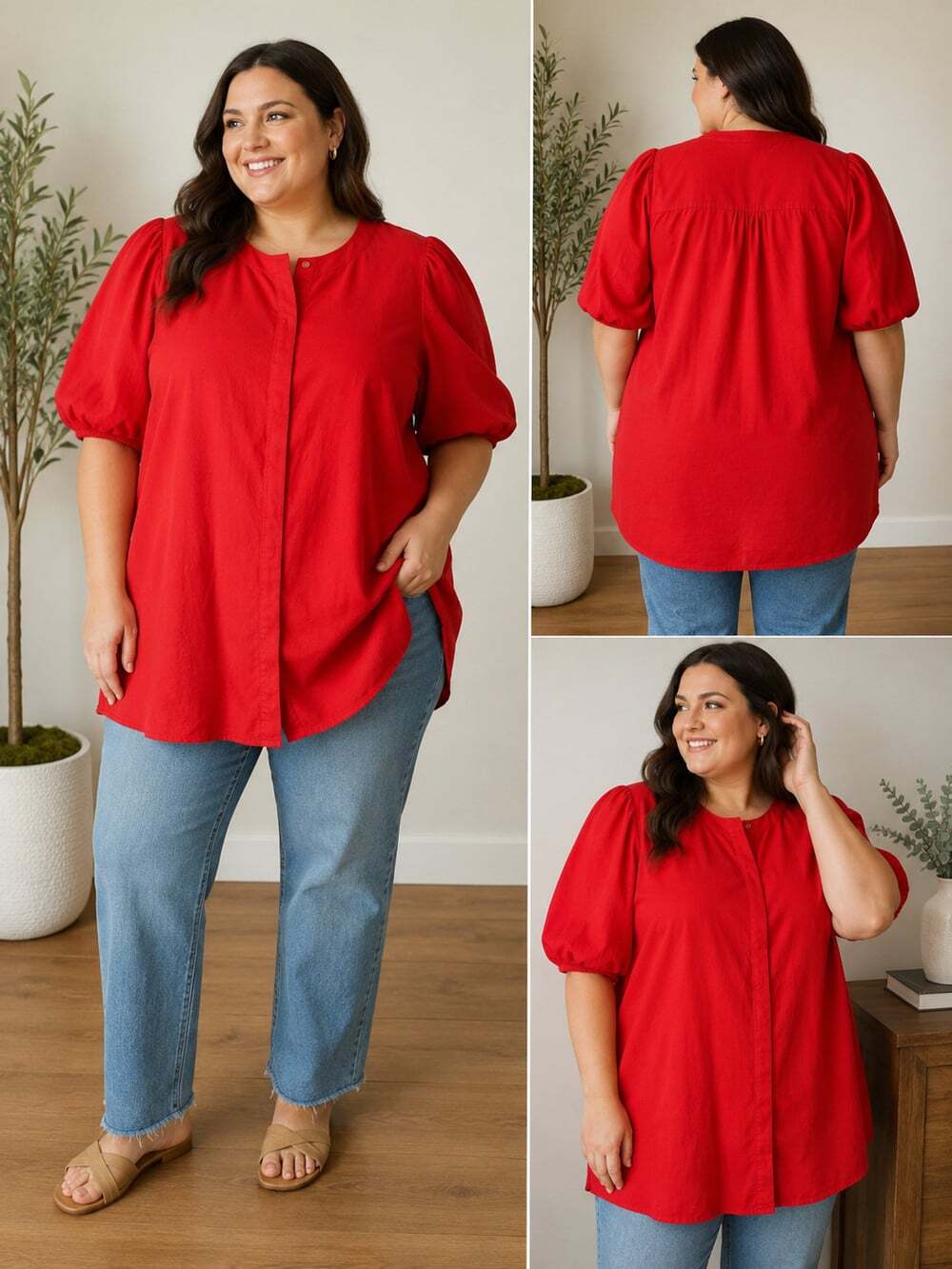 H&M Red Puff Sleeve Linen Blend Blouse Women's XXL Swing Button Front